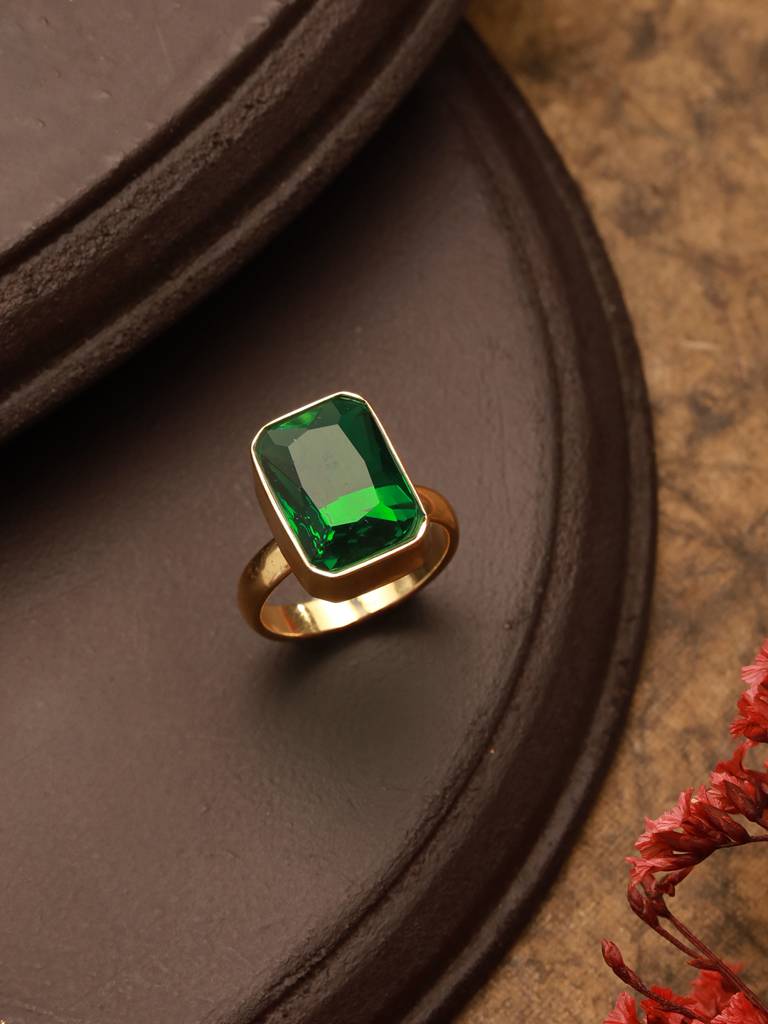 Gold Plated Sapphire Emerald Green Rectangular Minimal Adjustable Finger Ring : STRG8191