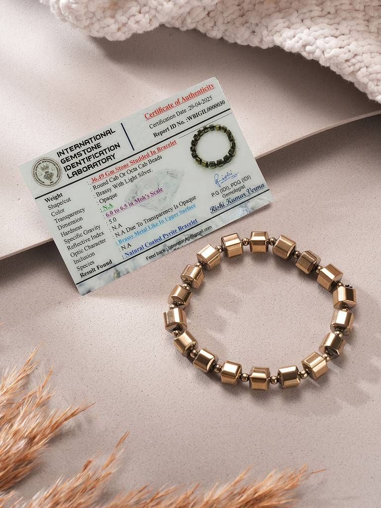 Natural Coated Pyrite Brass Energy Bracelet With Round Cube Beads : STBR8205