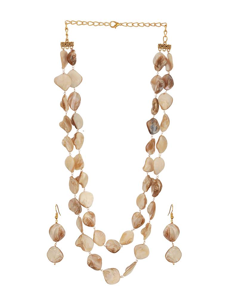 Beige Natural Stoned Beaded  Embedded Double Layered Trendy Maala Necklace Jewellery Set : STNK8206