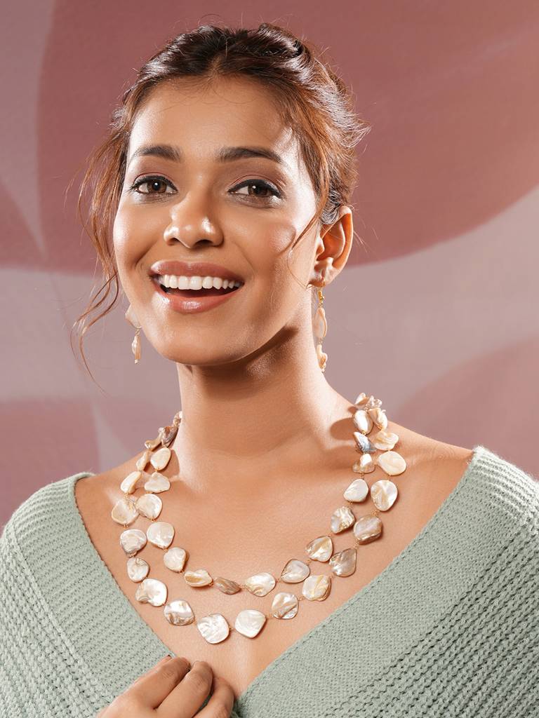 Beige Natural Stoned Beaded  Embedded Double Layered Trendy Maala Necklace Jewellery Set : STNK8206