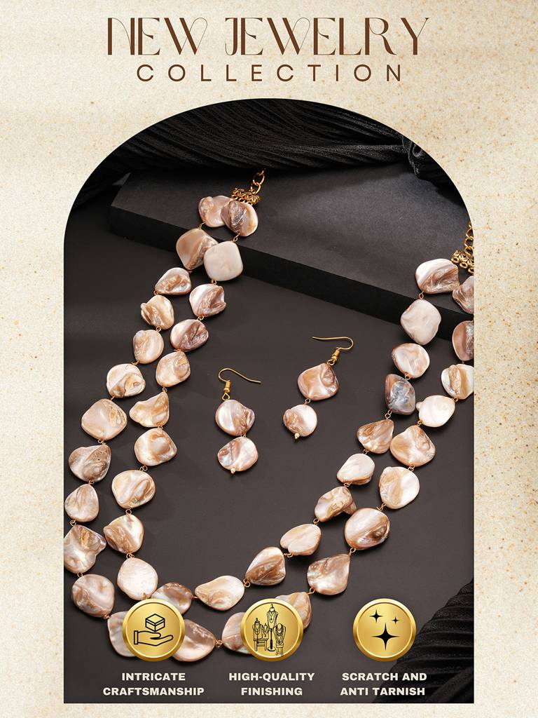 Beige Natural Stoned Beaded  Embedded Double Layered Trendy Maala Necklace Jewellery Set : STNK8206
