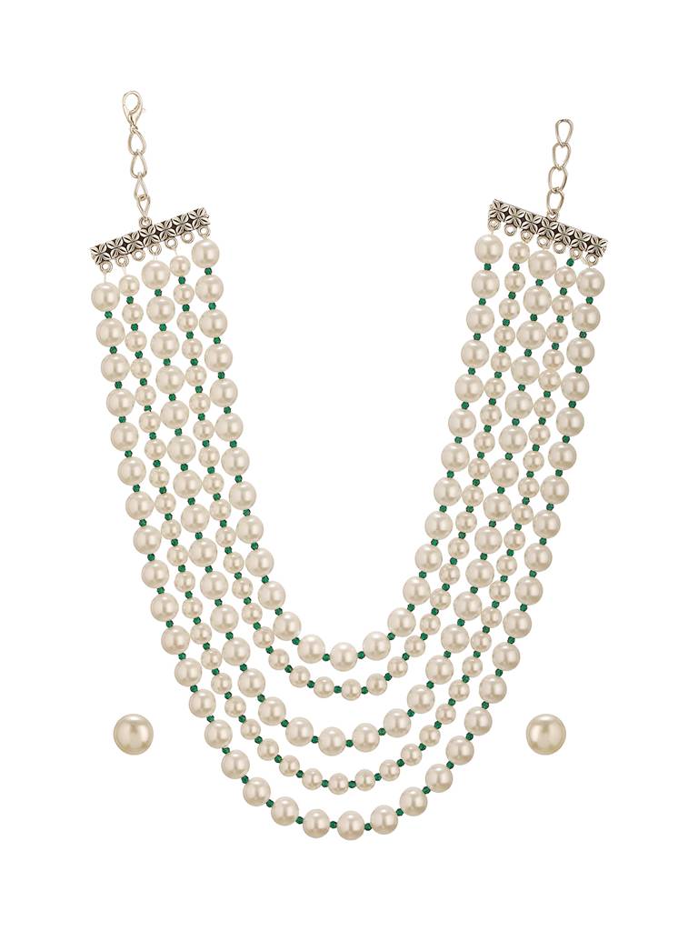 White Pearl Beaded Multi Layered  Trendy Choker Necklace Jewellery Set : STNK8207
