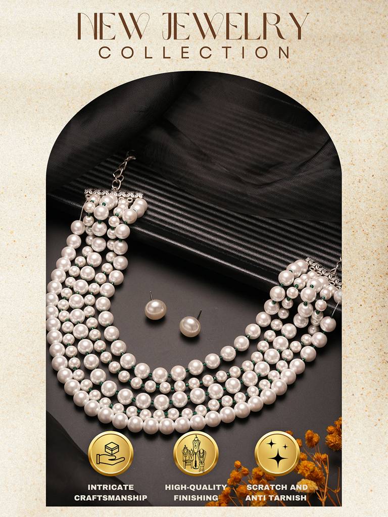 White Pearl Beaded Multi Layered  Trendy Choker Necklace Jewellery Set : STNK8207
