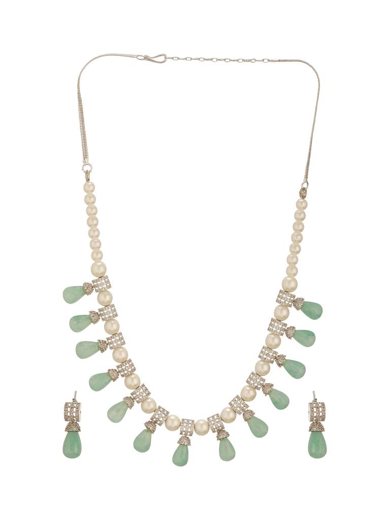 Zircon Ad Studded Pearl & Mint Beads Beaded Designer Statement Jewellery Set : STNK8208