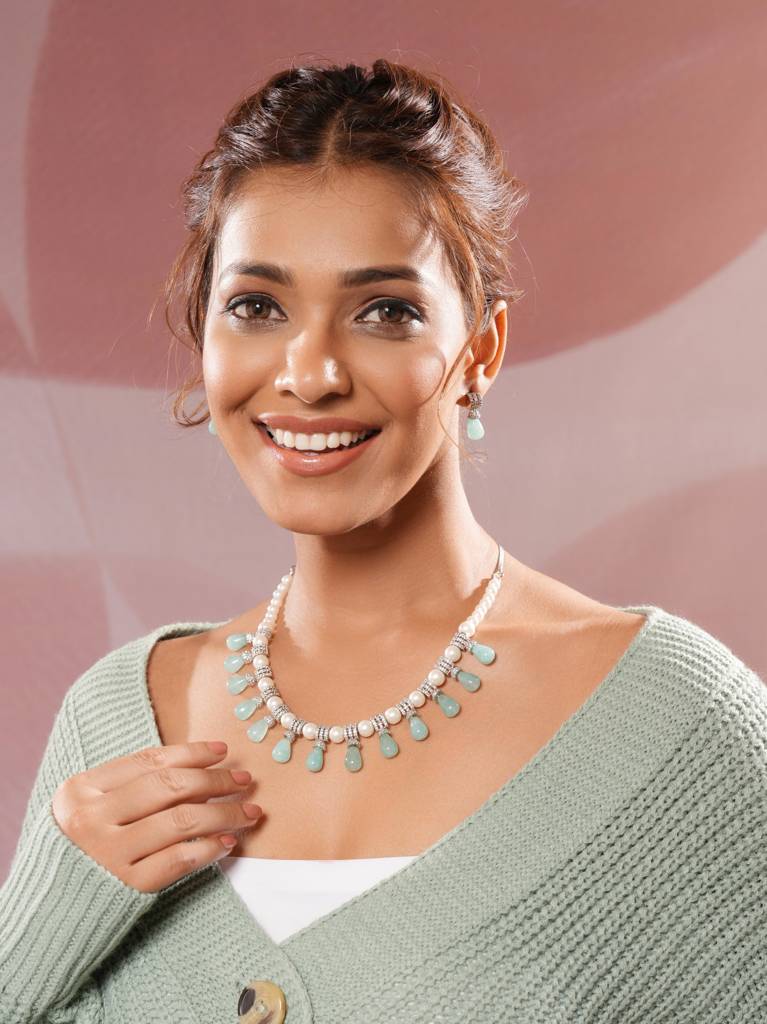Zircon Ad Studded Pearl & Mint Beads Beaded Designer Statement Jewellery Set : STNK8208
