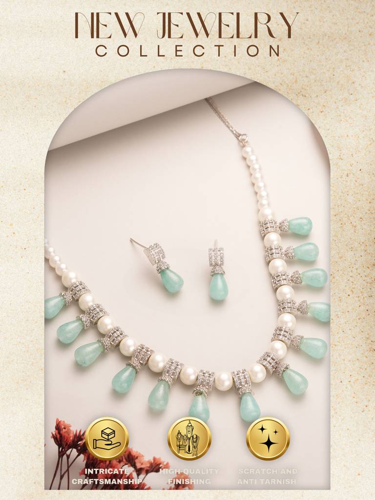 Zircon Ad Studded Pearl & Mint Beads Beaded Designer Statement Jewellery Set : STNK8208