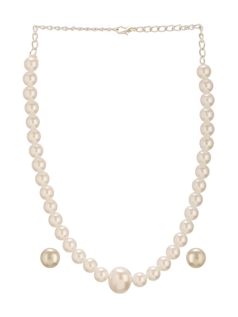 Single String Pearl Statement Necklace Jewellery Set Brass White
