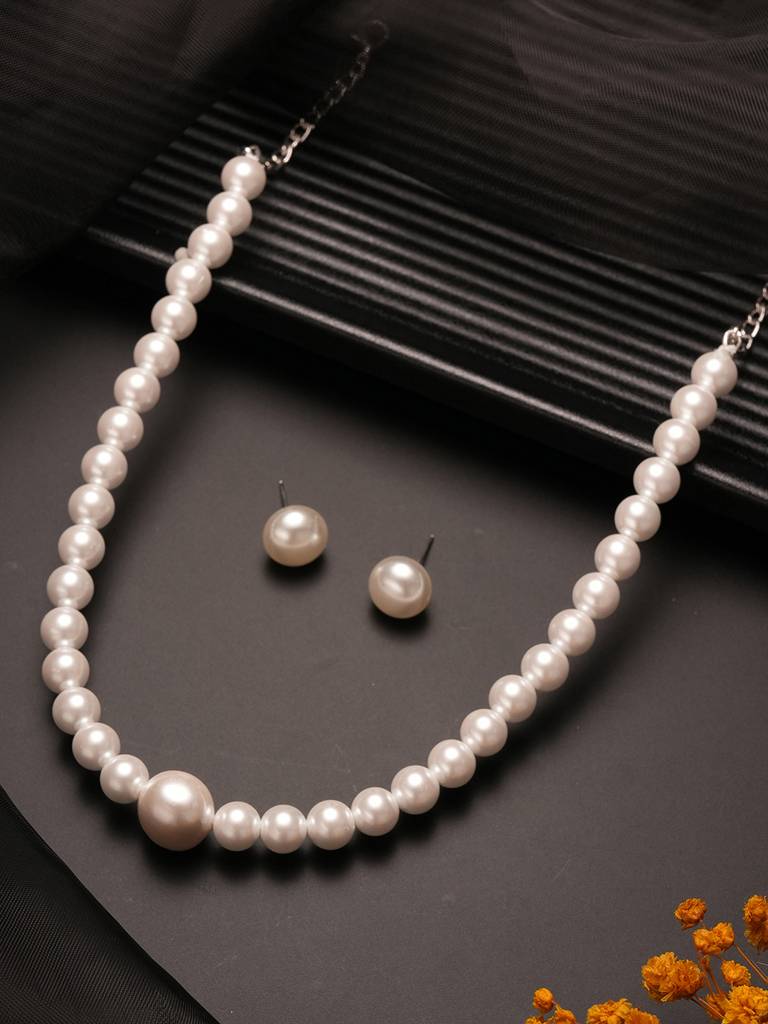 Single String Pearl Statement Necklace Jewellery Set Brass White