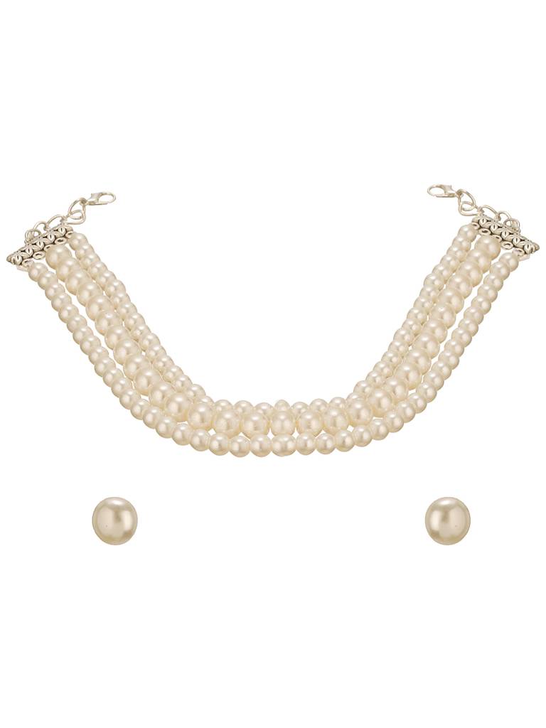 3 String  Layered Pearl Beaded Statement Choker Necklace Jewellery Set : STNK8210