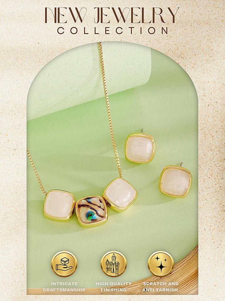 Elegant Square Stone Pendant Necklace & Earrings Set : STLK8211