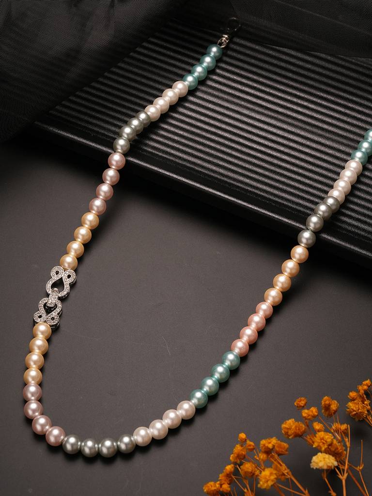 Single String Pearl Beads Designer Statement Necklace Chain Brass  Multi - Main Image