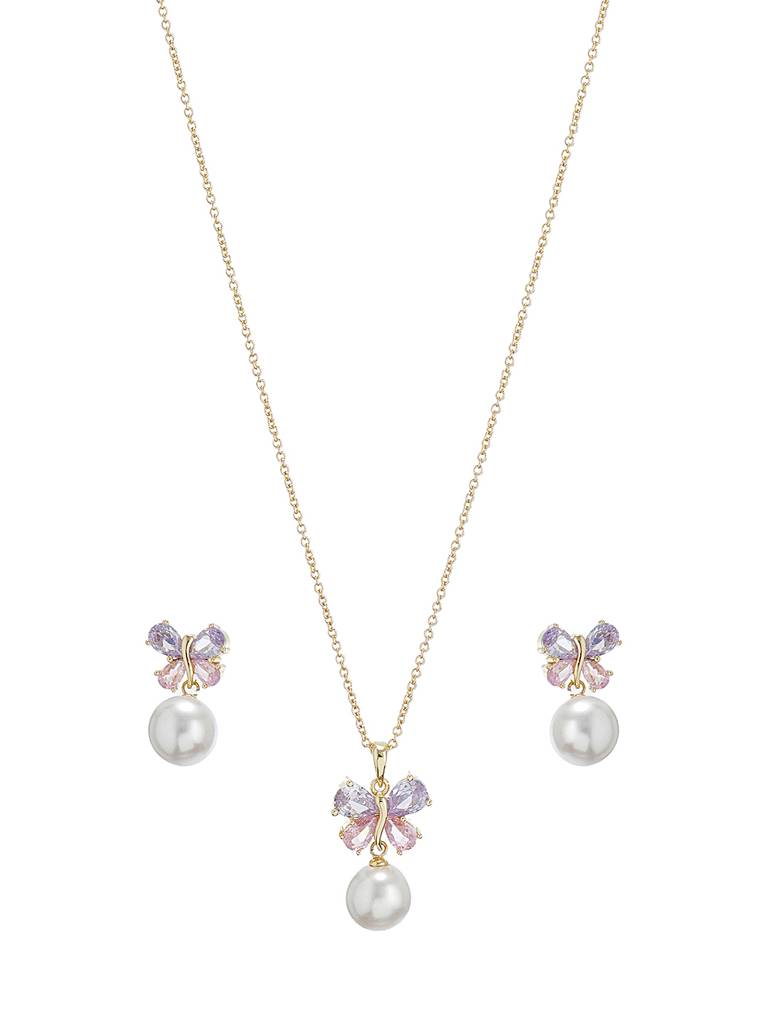 Elegant Butterfly Pearl Pendant Necklace & Earrings Set For Women : STLK8213