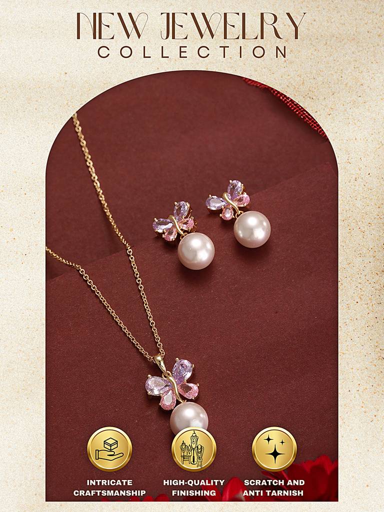 Elegant Butterfly Pearl Pendant Necklace & Earrings Set For Women : STLK8213