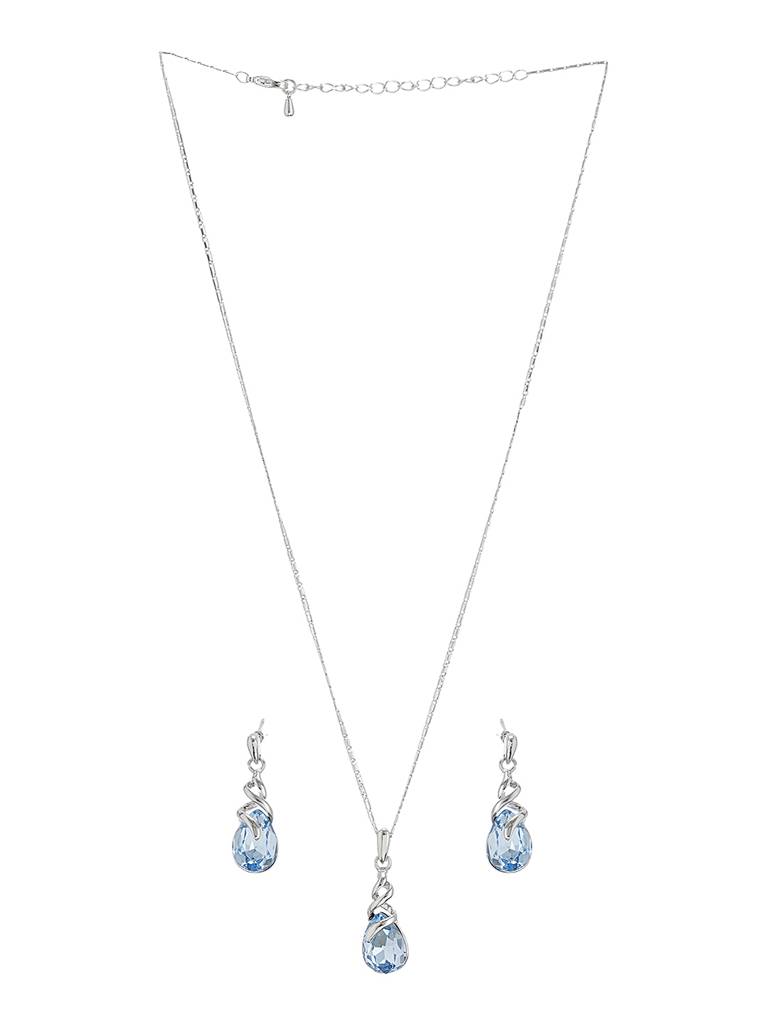 Elegant Blue Teardrop Pendant Necklace & Earrings Set : STLK8214