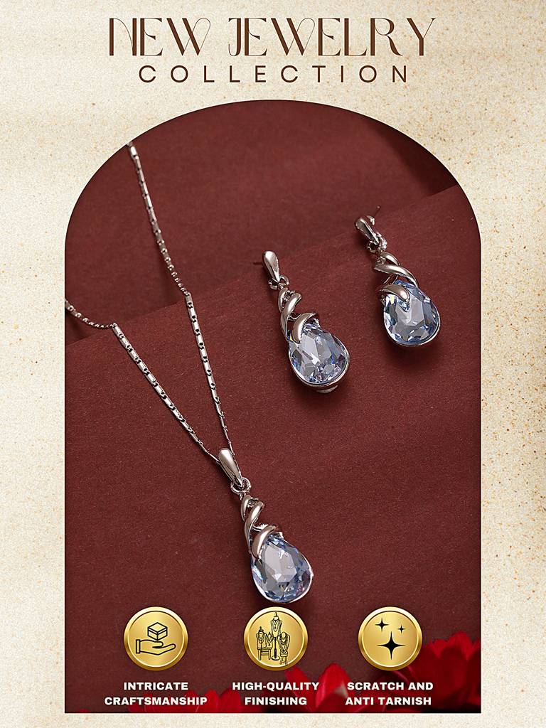 Elegant Blue Teardrop Pendant Necklace & Earrings Set : STLK8214