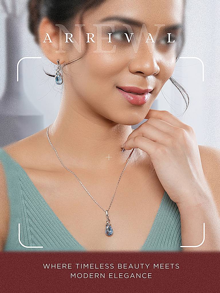 Elegant Blue Teardrop Pendant Necklace & Earrings Set : STLK8214