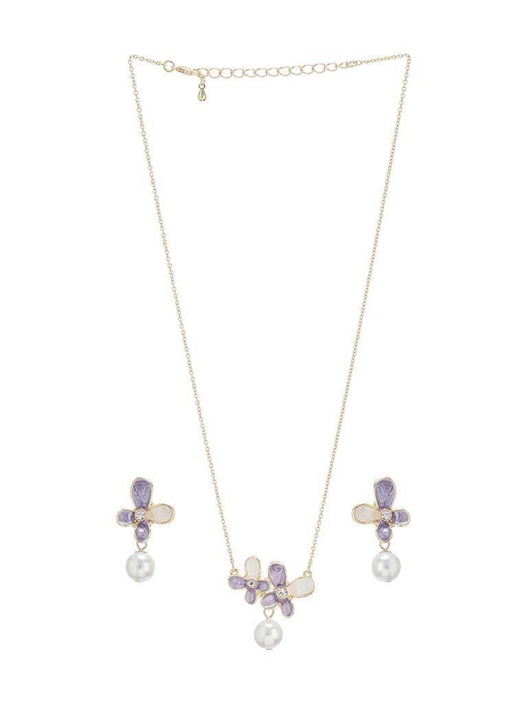 Floral Butterfly Pearl Pendant Necklace & Earrings Set : STLK8216