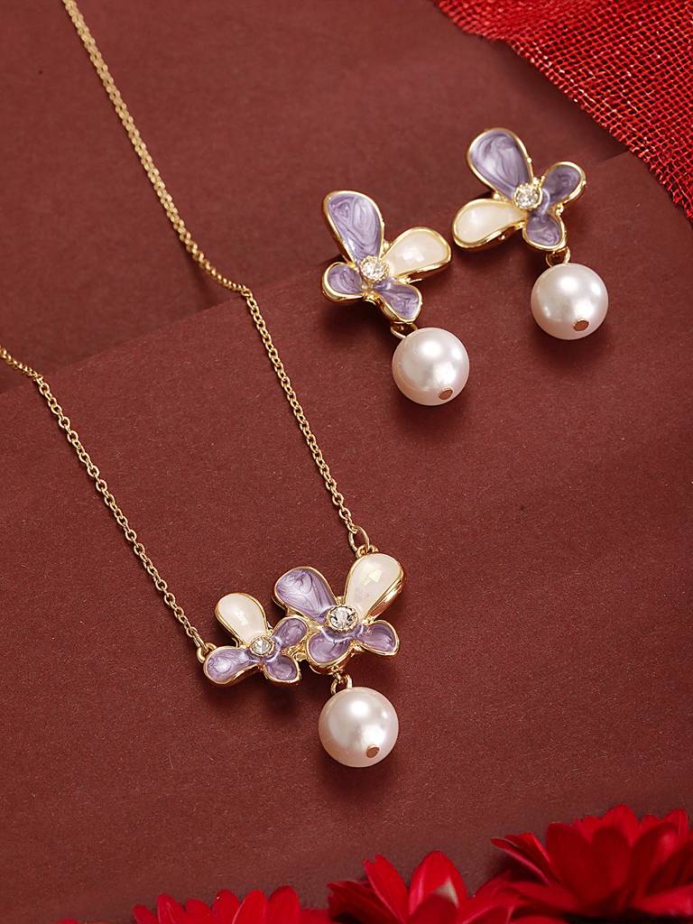 Floral Butterfly Pearl Pendant Necklace Earrings Set Multi Stainless  Steel