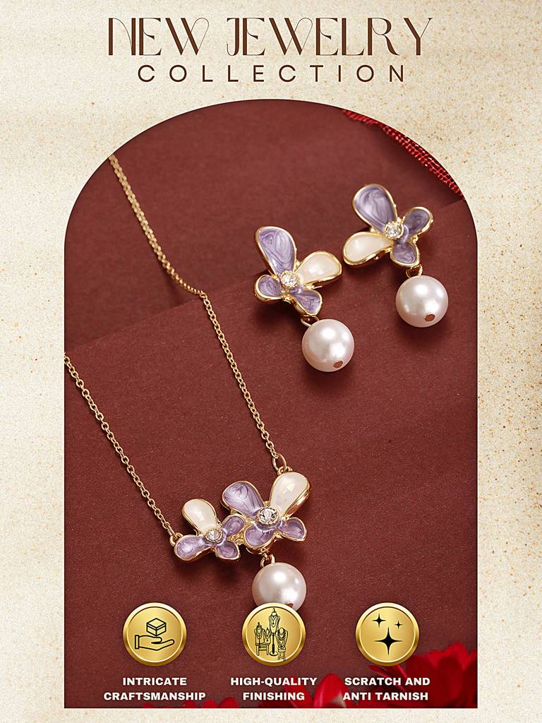 Floral Butterfly Pearl Pendant Necklace & Earrings Set : STLK8216