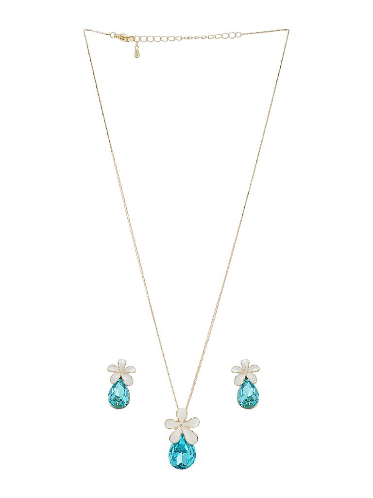 Floral White Enamel & Blue Teardrop Pendant Necklace & Earrings Set : STLK8217