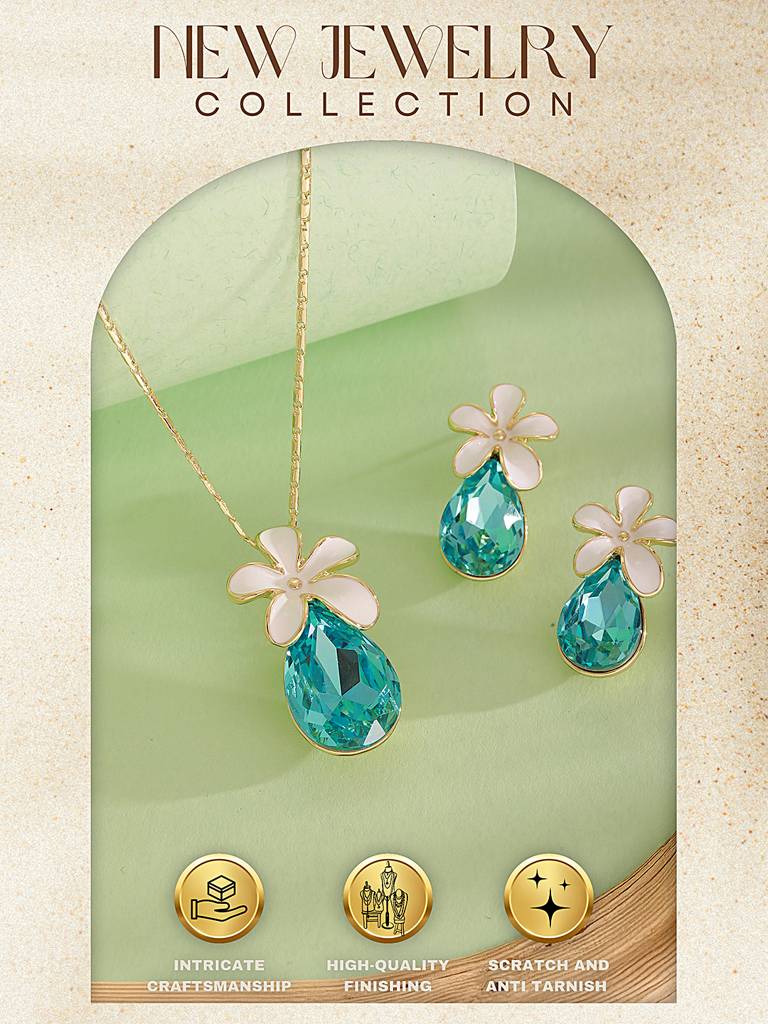 Floral White Enamel & Blue Teardrop Pendant Necklace & Earrings Set : STLK8217