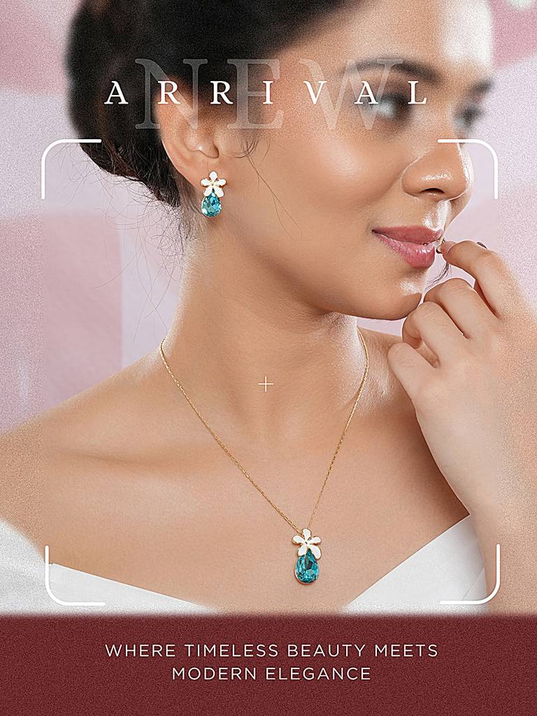 Floral White Enamel & Blue Teardrop Pendant Necklace & Earrings Set : STLK8217