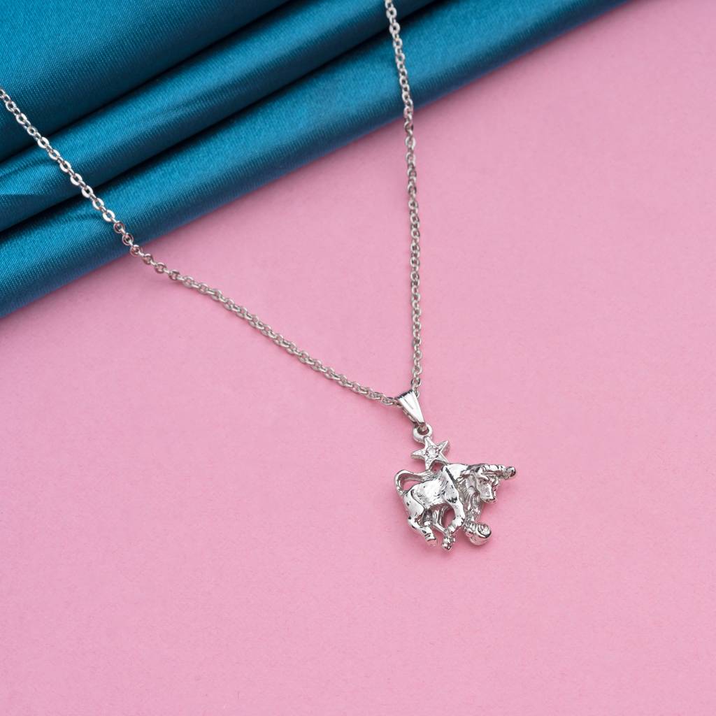 Estele Rhodium Plated Taurus Zodiac Sign Designer Pendant With