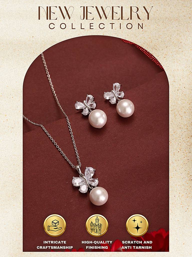 Elegant Pearl & Butterfly Pendant With Matching Earrings : STLK8221