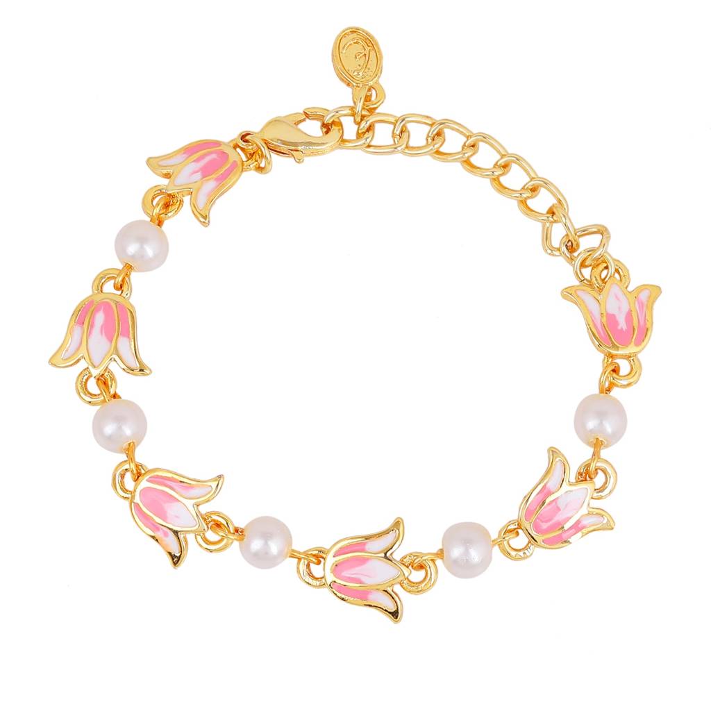 Estele Gold Plated Elegant Lotus Designer Adjustable Link Bracelet With Pearls & Pink Enamel For Girl'S & Women : 102175-IGBR