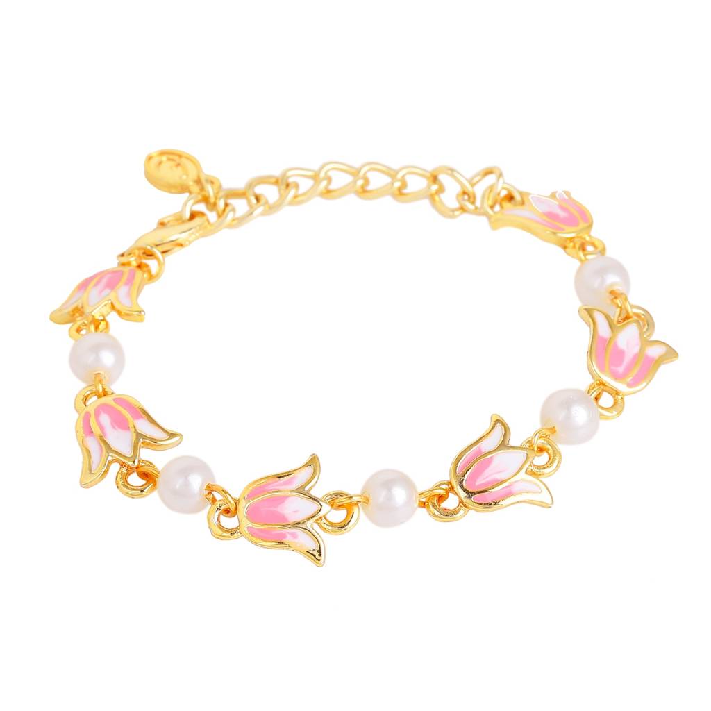 Estele Gold Plated Elegant Lotus Designer Adjustable Link Bracelet With Pearls & Pink Enamel For Girl'S & Women : 102175-IGBR