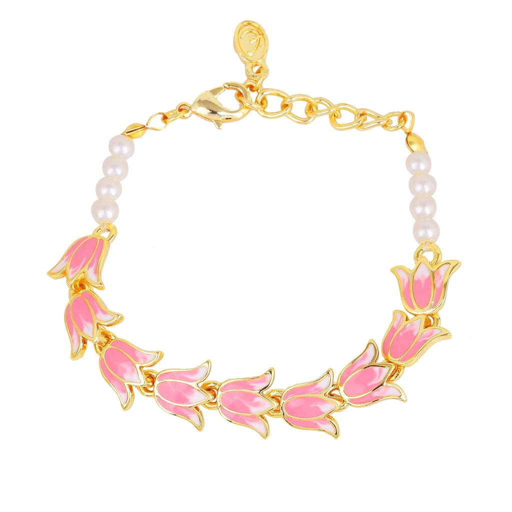 Estele Gold Plated Exquisite Lotus Designer Adjustable Link Bracelet With Pearls & Pink Enamel For Girl'S & Women : 102177-IGBR