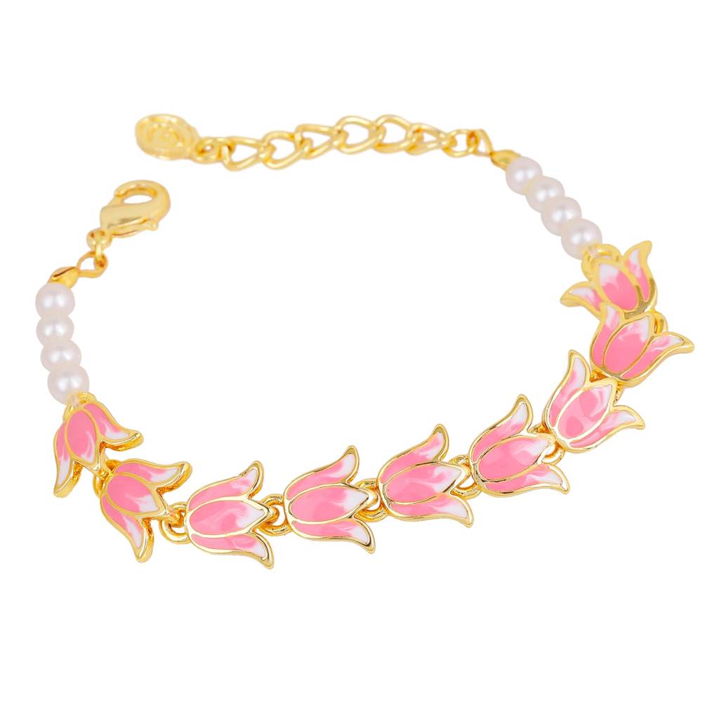Estele Gold Plated Exquisite Lotus Designer Adjustable Link Bracelet With Pearls & Pink Enamel For Girl'S & Women : 102177-IGBR