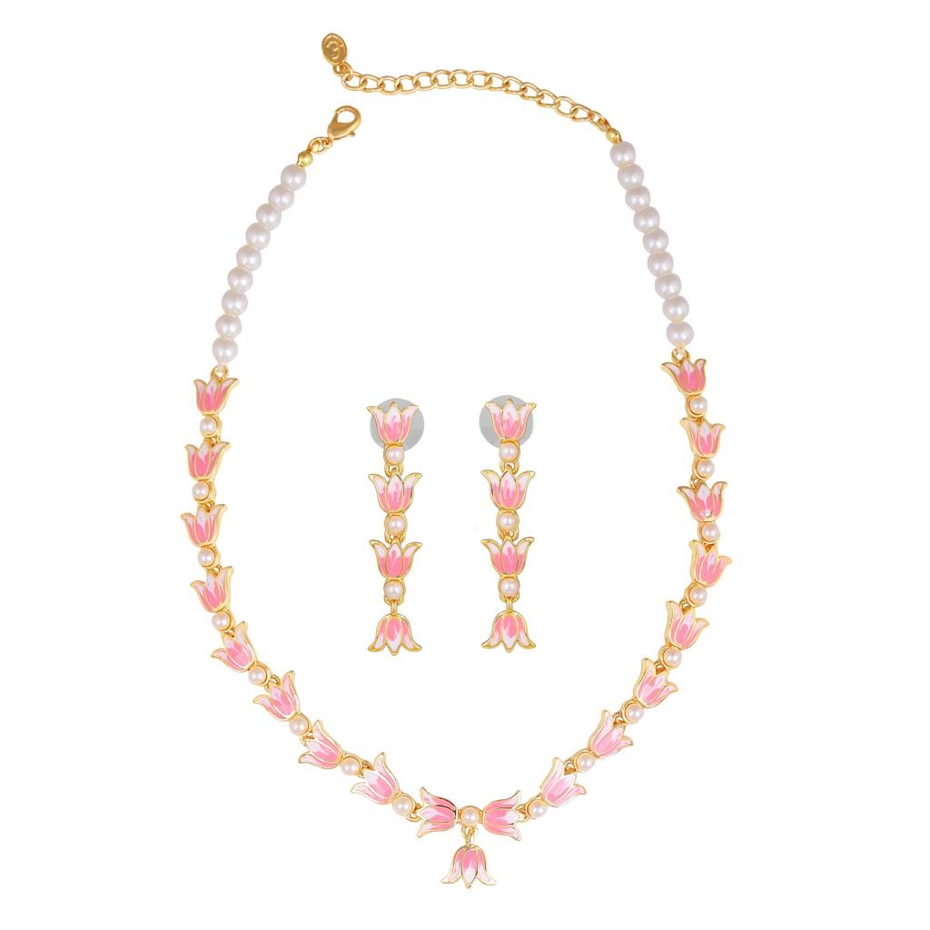 Estele Gold Plated Vintage Lotus Designer Pearl Studded Necklace Set With Pink Enamel For Girl'S & Women : 10194-IGNKER