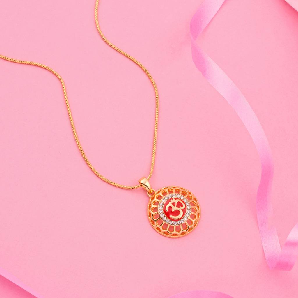 Estele Gold Plated Red Enamel Om Locket Pendant Chain With White Austrian Crystals For Girls & Women : 834PENDANT