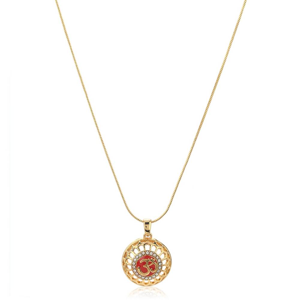 Estele Gold Plated Red Enamel Om Locket Pendant Chain With White Austrian Crystals For Girls & Women : 834PENDANT