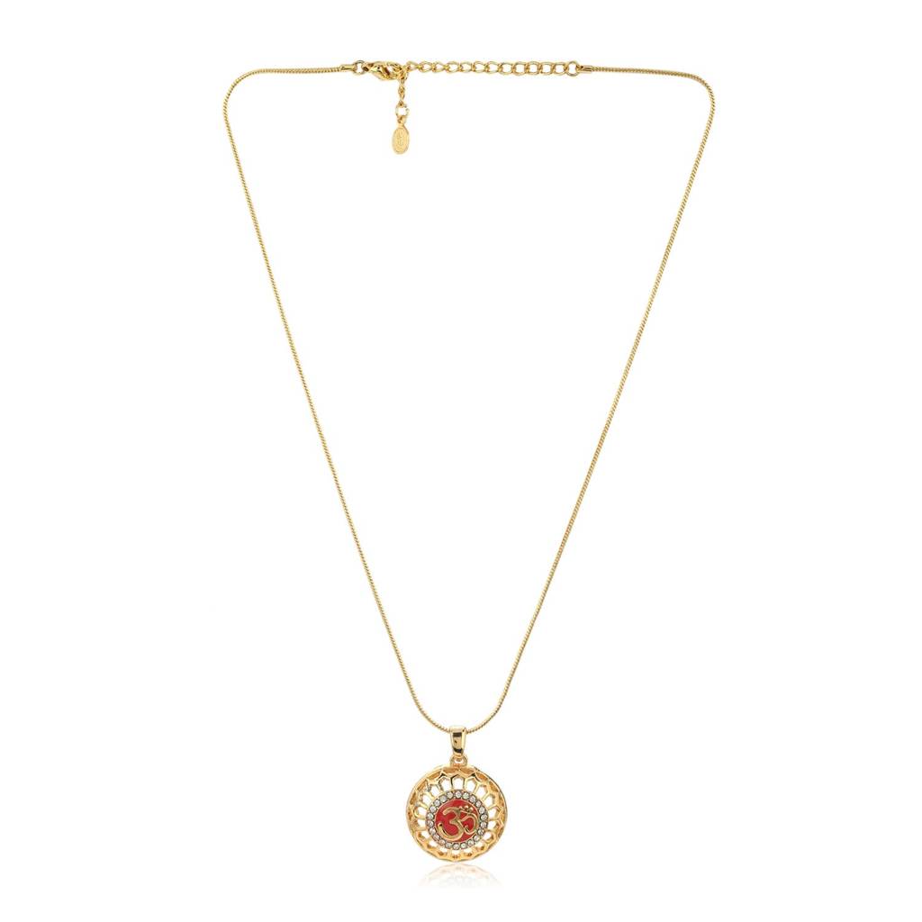 Estele Gold Plated Red Enamel Om Locket Pendant Chain With White Austrian Crystals For Girls & Women : 834PENDANT