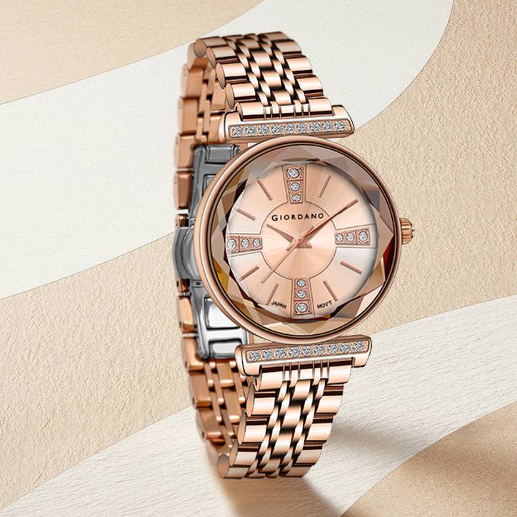Giordano Stylish Diamond Studded Analog Wrist Watch For Women With Elegant Diamond Cut Glass And Glass Coated St : GZ-60084-33