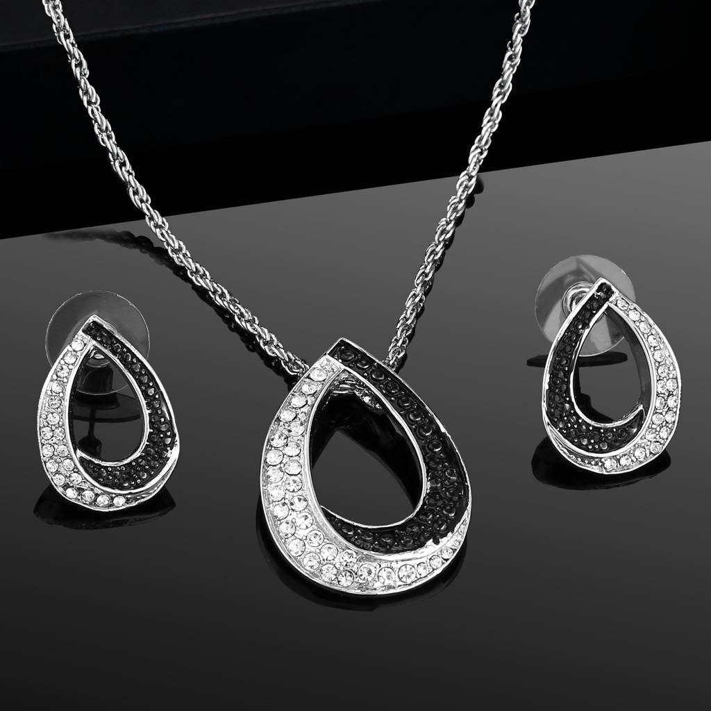 Estele Rhodium Plated Dew Drop Dawn And Dusk Pendant Set With Crystals For Women : 8432NKER
