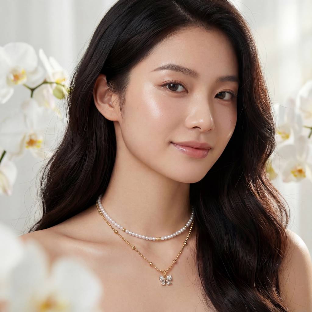 Korean Ethereal Bow & Radiant Gemstone Droplet Necklace : YUFSNL248