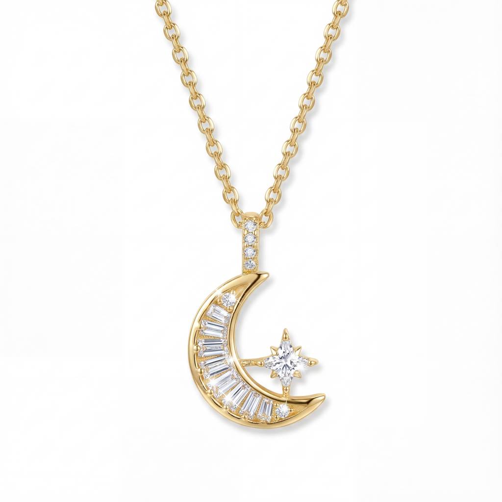 Korean Ethereal Baguette Moon & North Star Necklace : YUFSNL224