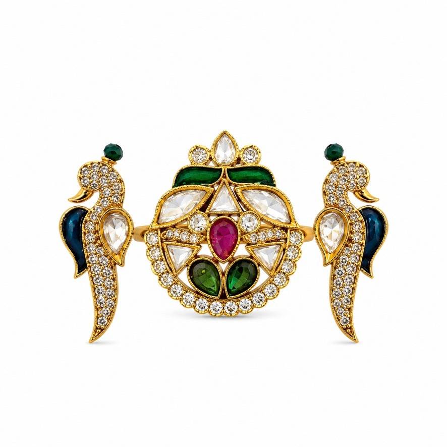 Mayuri Emerald Peacock Meenakari Dual Finger Ring : PR-282R