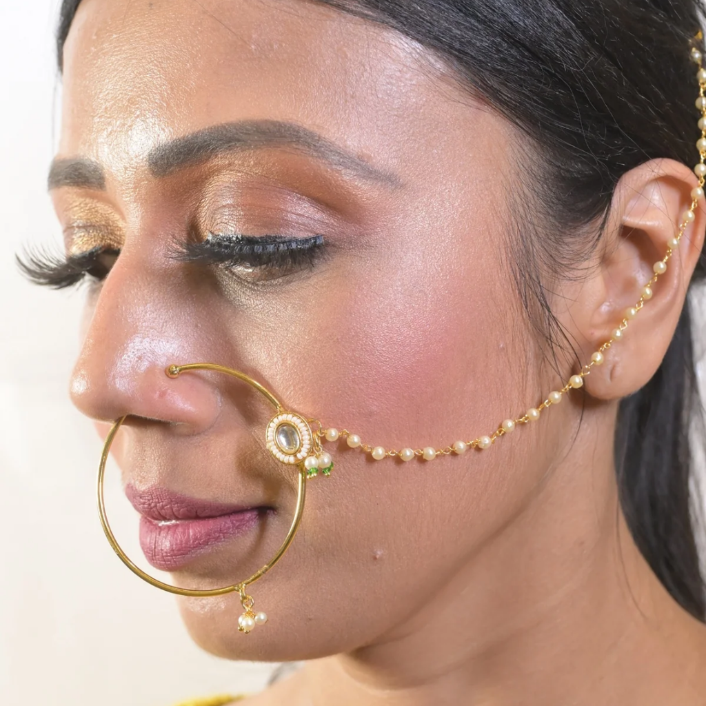 Jodha Kundan Pearl Chain Nosering : NR0025