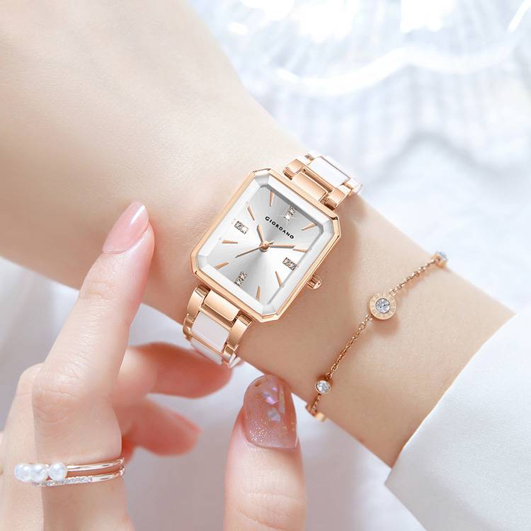 Giordano Classic Rectangular Dial Watch For Women With Crystal Markers And Dual Tone Stainless Steel Strap : GZ-60101-33