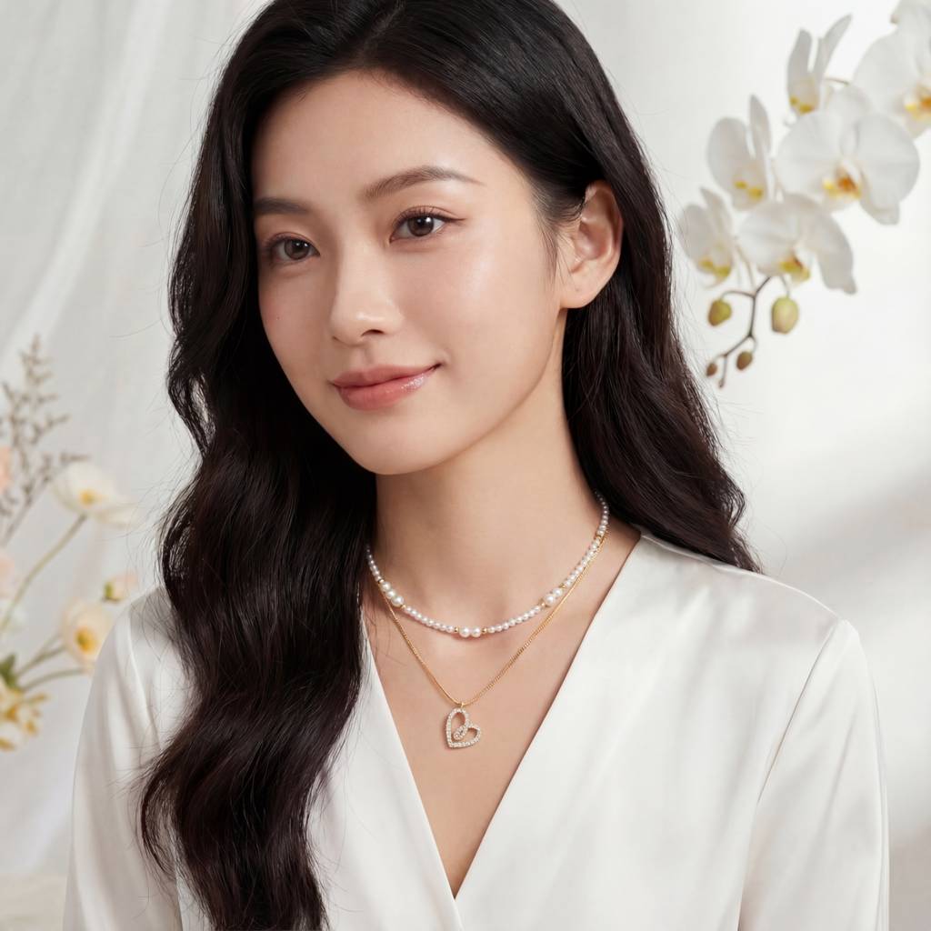 Korean Dainty Gold Heart & Seed Pearl Layering Necklace Set : YUFSNL244