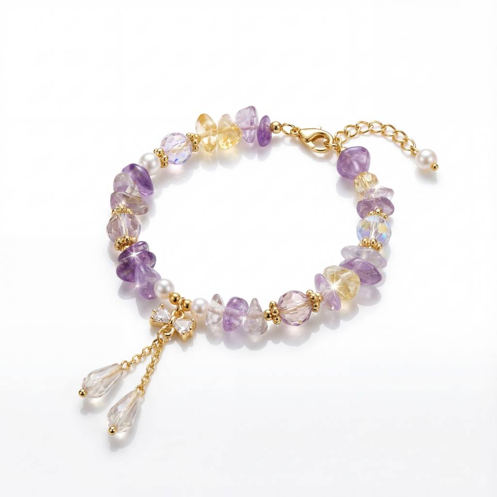 Korean Celestial Harmony Amethyst & Citrine Beaded Charm Bracelet : YUFSBR201