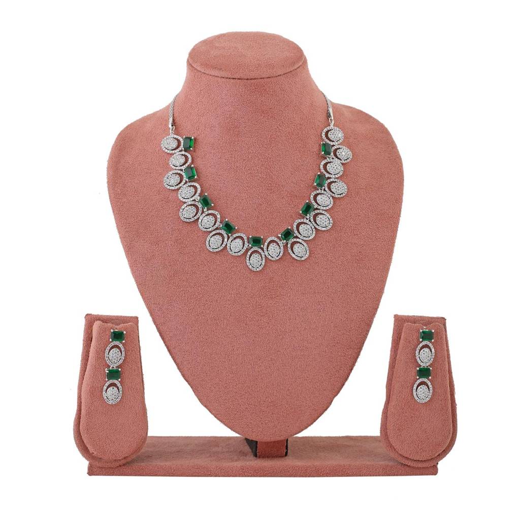 Estele Rhodium Plated Cz Mesmerizing Necklace Set With Green Crystals For Women