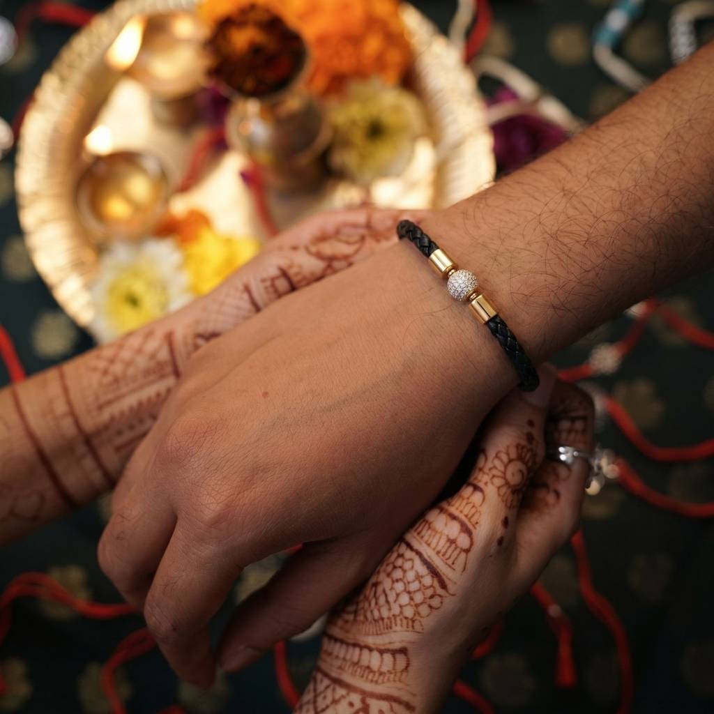 18K Gold-Plated Round Ball Rakhi | Classic Beaded Designer Rakhi For Brother | Elegant Raksha Bandhan Gift : RAKHI_056