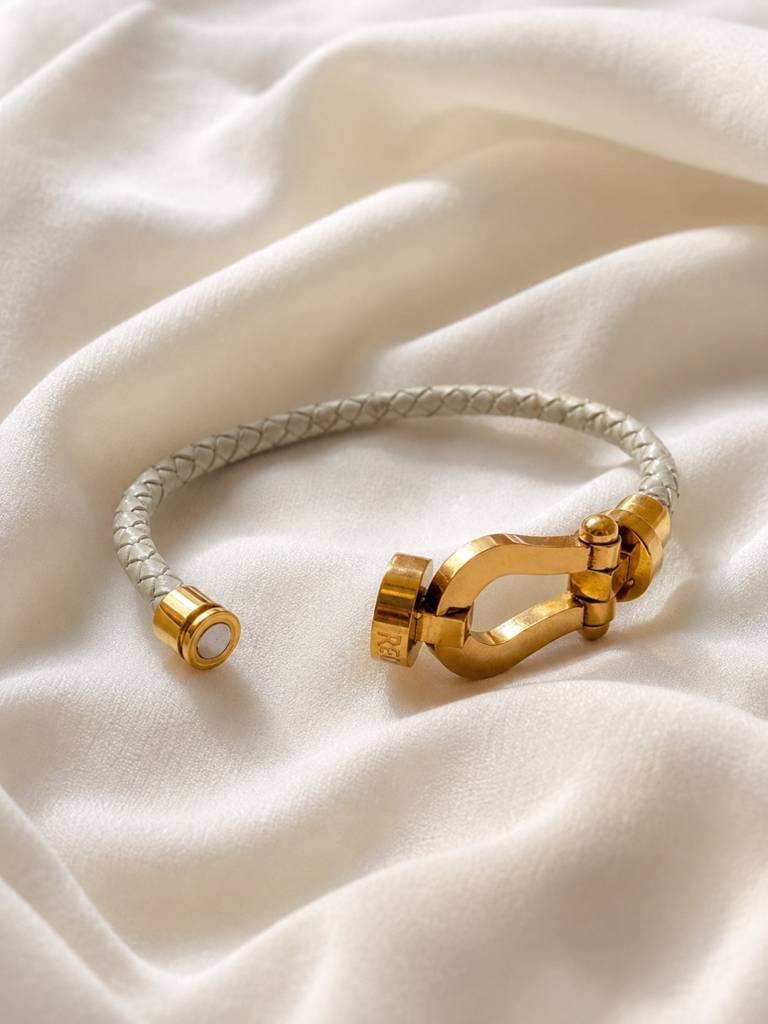 Unisex Braided Leather Gold Magnetic Bracelet : ATB1088WKL