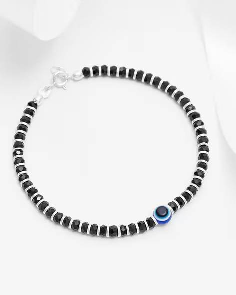 925 Pure Silver Nazariya Bracelets | Silver Evil Eye Beaded Bracelet (Pair Of 2) : BR1053