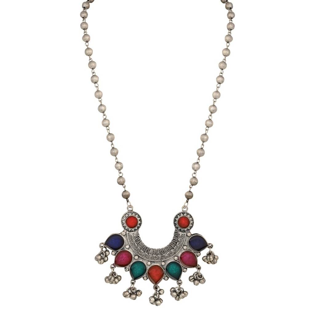 Silver Oxydised Finish Crescent Pendant Necklace Set : S24MRNS308MLT